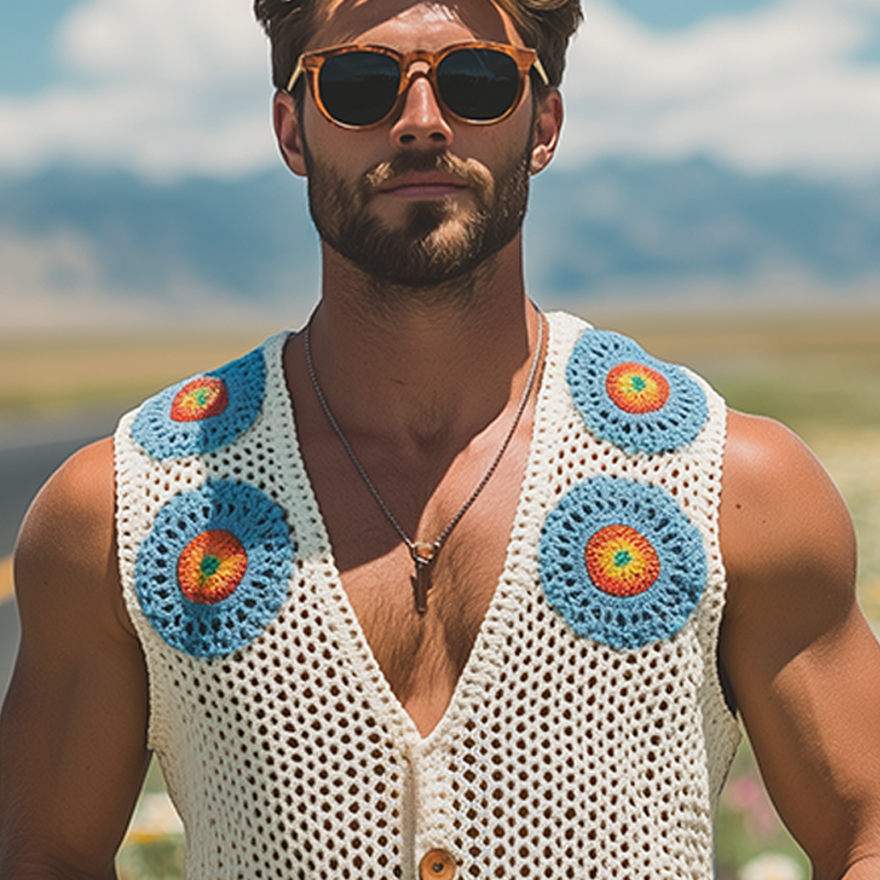 Men's Summer Fashion Casual Hollow Crochet Flower Knitted Vest MTA2726F7K