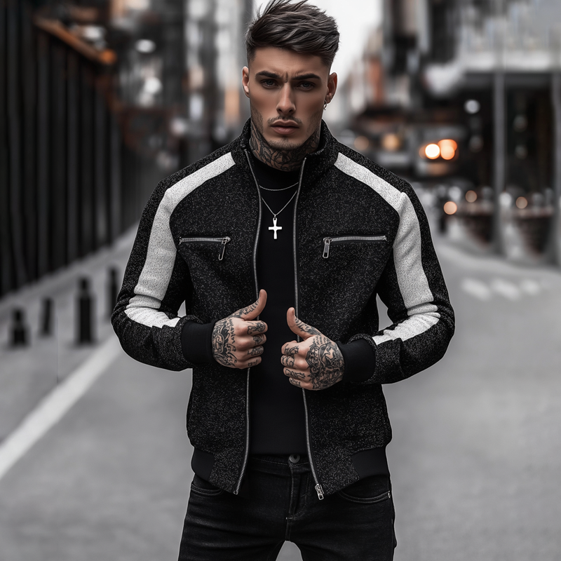 Men's Black And White Mixed Color Knit Stand Collar Zipper Jacket MTA0170H3Z