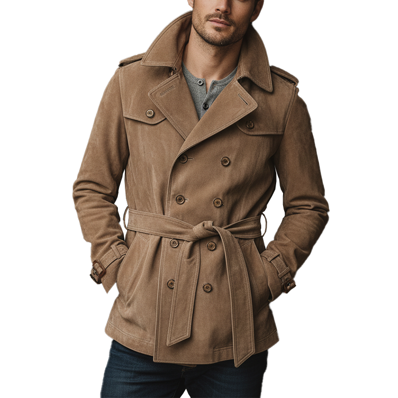 Men's Winter Vintage Double-Breasted Faux Suede Jacket (Includes Belt) MTA1488J0P