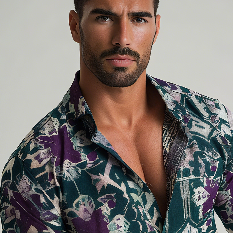 Men's Geometric Print Lapel Long Sleeve Shirt MTA2489G3Z