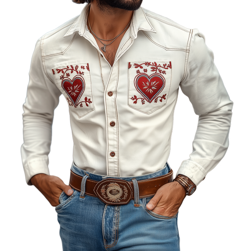 Men's Western Cowboy Style Embroidered Lapel Chest Pocket Long Sleeve Cotton Shirt 21970359Z