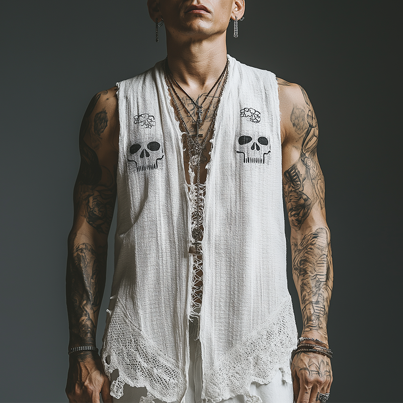 Men's Summer Fashion Printed Lace Decorated Waffle Tank Top MTA2664F7P