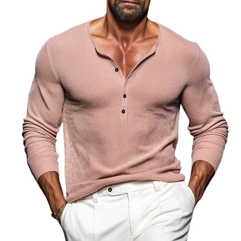 Men's Casual Pink Stretch Slim Fit Henley Knit Long Sleeve T-Shirt MTA2751J0U