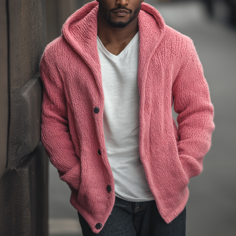 Men's Retro Casual Solid Color Knitted Hooded Button Cardigan MTA0499I0TO