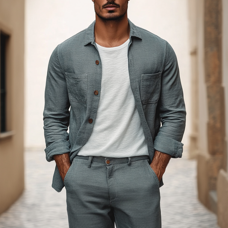 Men's Casual Breathable Linen Lapel Patch Pocket Loose Long Sleeve Shirt MTA0991E4M