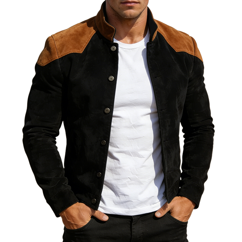 Men's Retro Casual Faux Suede Color Block Lapel Button Jacket MTZ1219A8TO