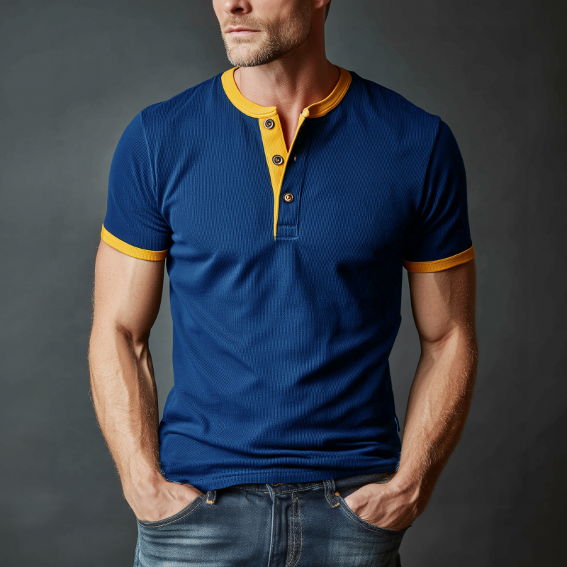 Men's Casual Cotton Blend Colorblock Ribbed Henley Collar Slim Fit Short Sleeve T-Shirt MTA2391G8M