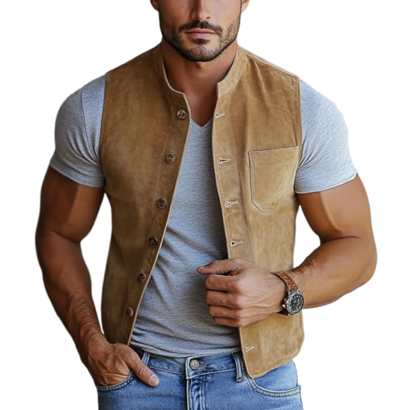 Men's Fashion Suede Stand Collar Single Breasted Slim Fit Vest 64492843Y