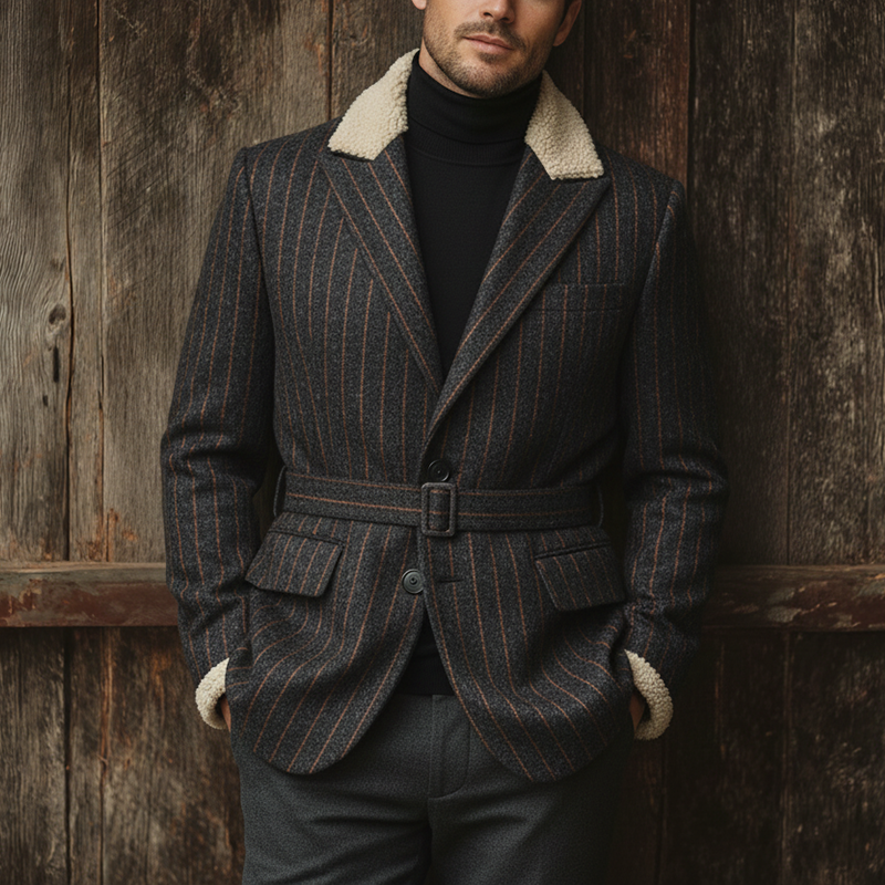 Men's Winter Fashion Plush Collar Striped Faux Wool Coat MTA3053I1P