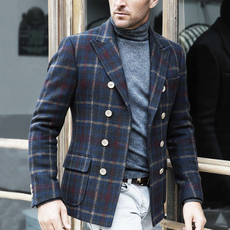 Men's Classic Business Plaid Double-Breasted Blazer MTA1519J6U