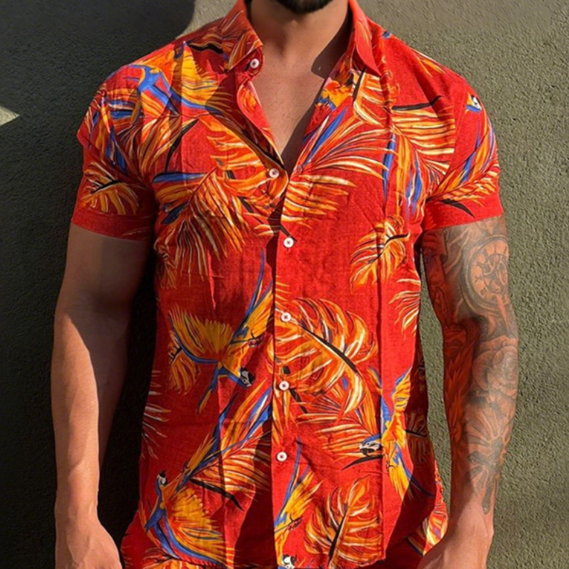 Men's Retro Casual Hawaiian Floral Print Lapel Short Sleeve Shirt Shorts Two-Piece Set MTA0639E3TO