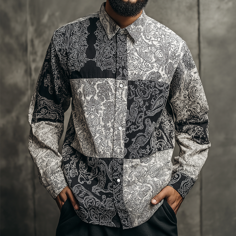 Men's Retro Casual Paisley Colorblock Lapel Long Sleeve Shirt MTA0642H0TO
