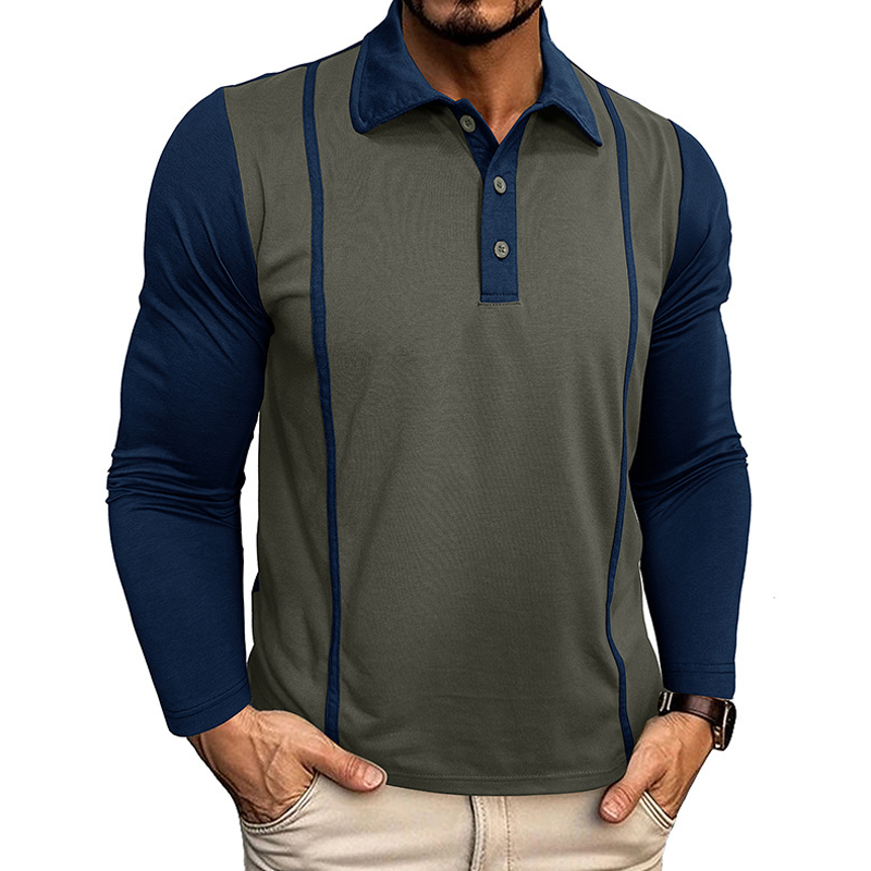 Men's Contrast Color Cotton Blend Long-sleeved Polo Shirt MTA2827G5X