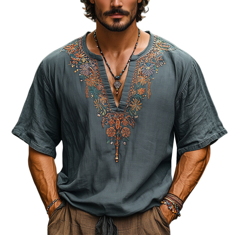 Men's Summer Embroidered V-Neck Cotton And Linen Loose Short-Sleeved T-Shirt MTA2678E4U