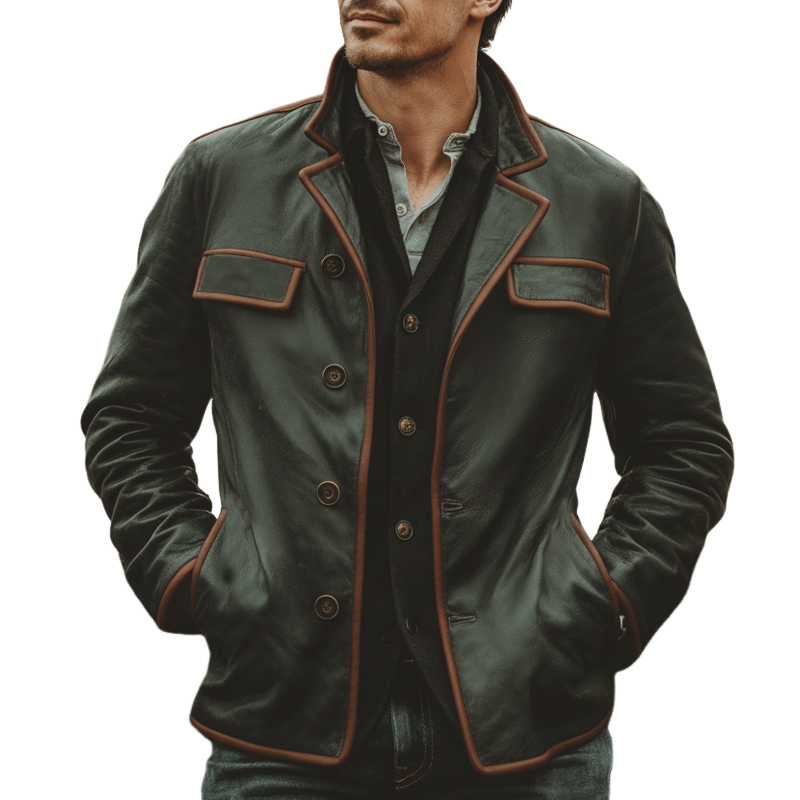 Men's Classic Color-blocked Lapel Button PU Leather Jacket MTA2958J3U