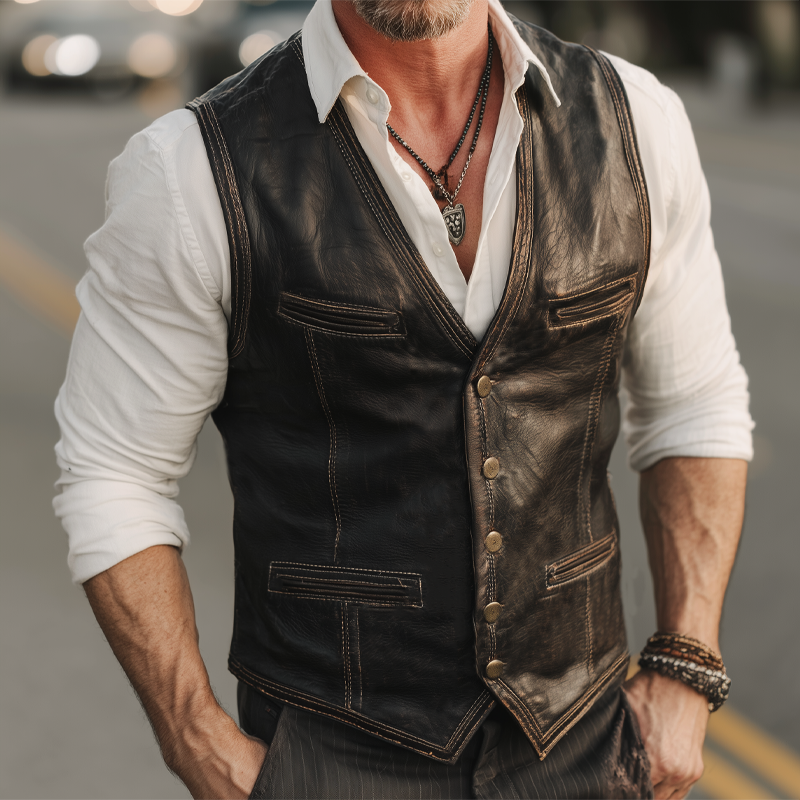 Men's Vintage V-Neck Single-Breasted PU Leather Vest MTA1341H3U
