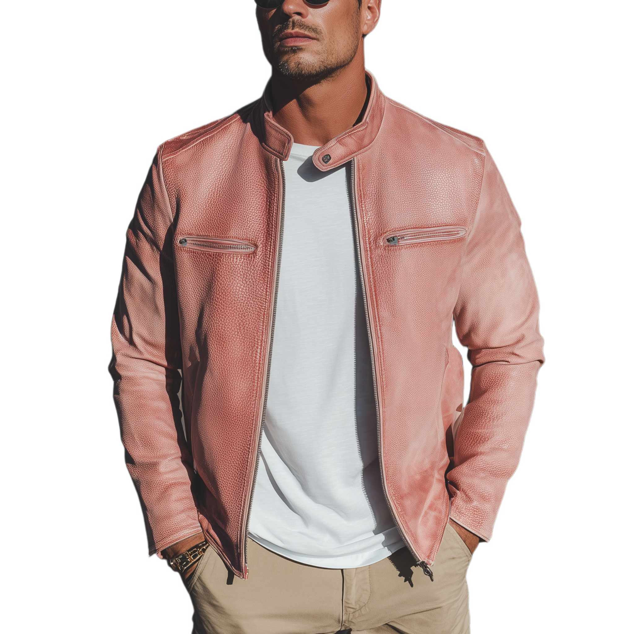 Men's Classic Casual Western Style Stand Collar Pink Textured PU Leather Zipper Jacket MTA1519H2K