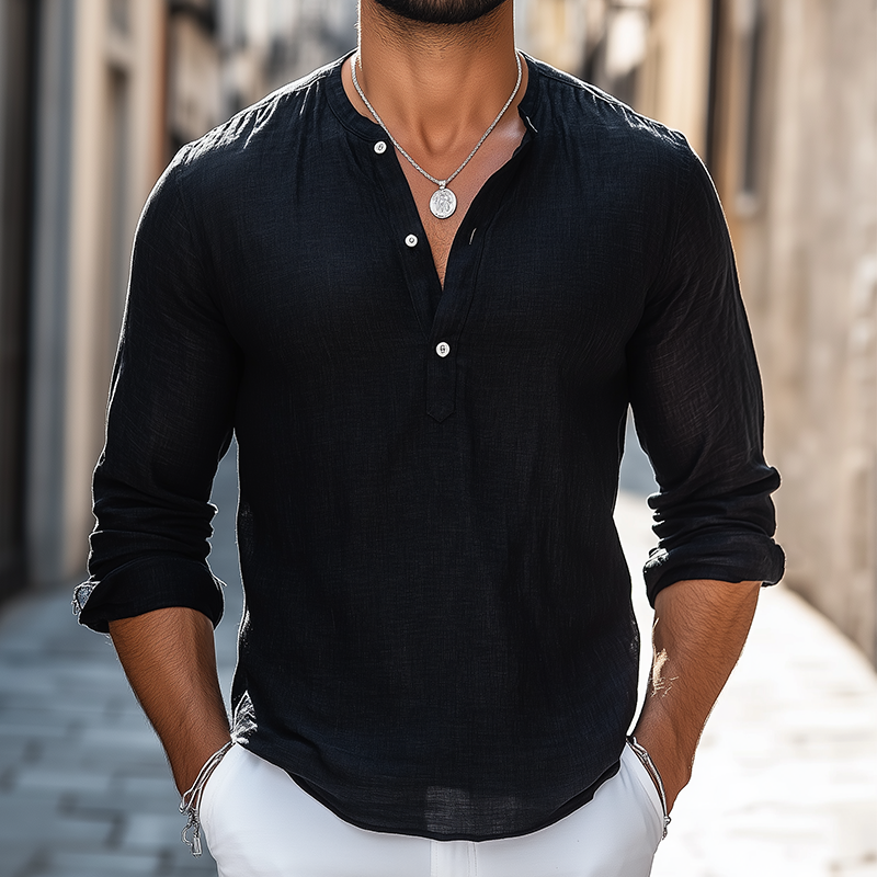 Men's Retro Casual Solid Color Cotton Linen Henley Collar Long Sleeve Shirt MTZ1118B8TO