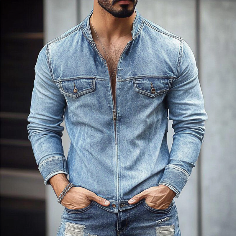Men's Vintage Washed Distressed Stand Collar Zipper Denim Jacket MTA2279G4X