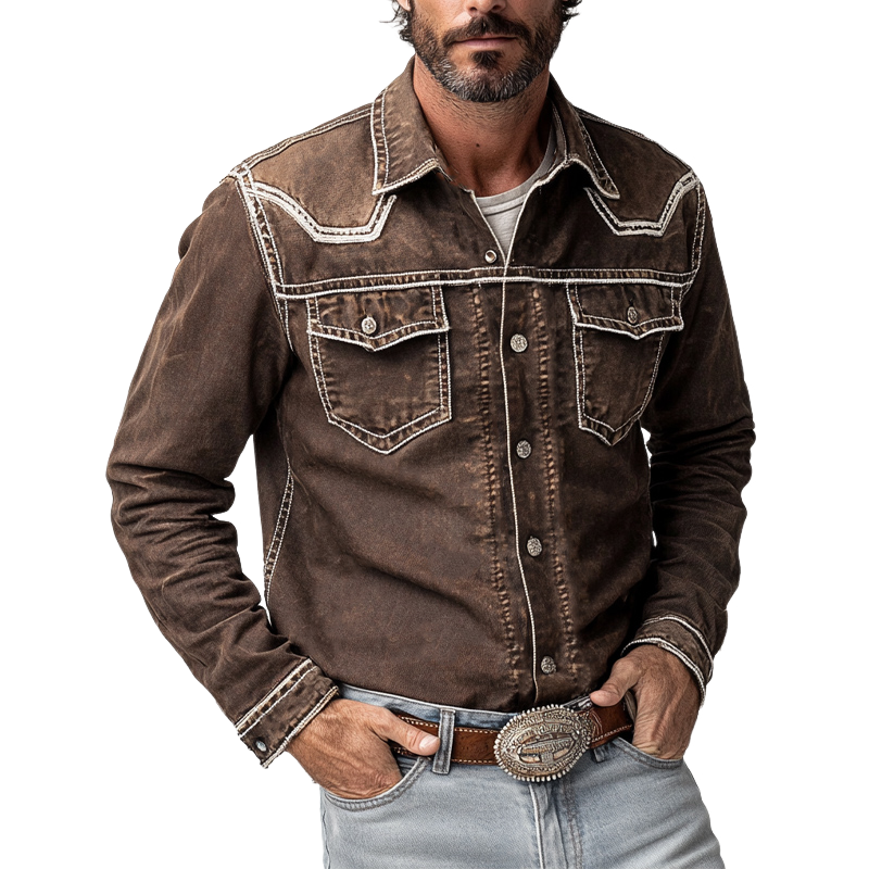 Men's Vintage Coffee Washed Denim Long-sleeved Shirt 48590320U