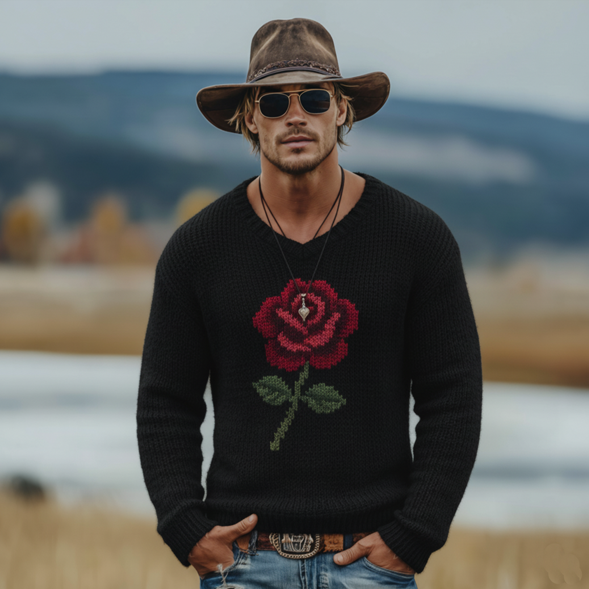 Men's Classic Retro Western Style Rose V-neck Sweater MTA3046K3K