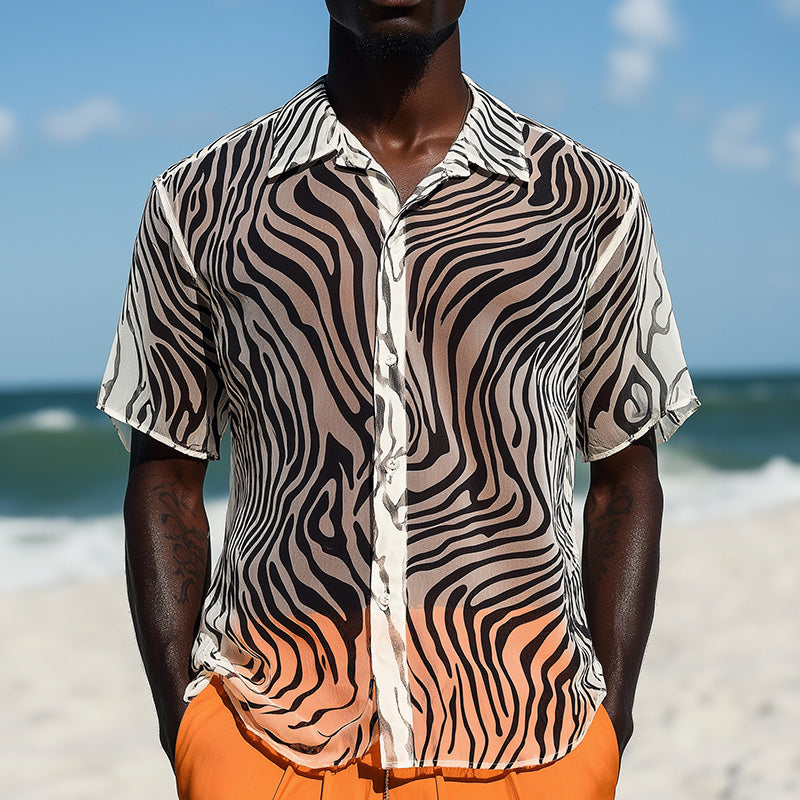 Men's Summer Fashion Breathable Zebra Print Organza Short Sleeve Shirt MTA2724E9P
