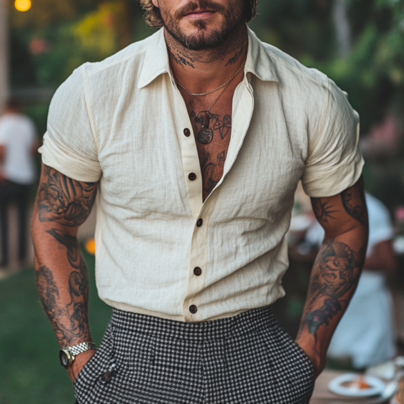 Men's Casual Vacation Breathable Linen Loose Lapel Slim Fit Short Sleeve Shirt MTA3002D6M