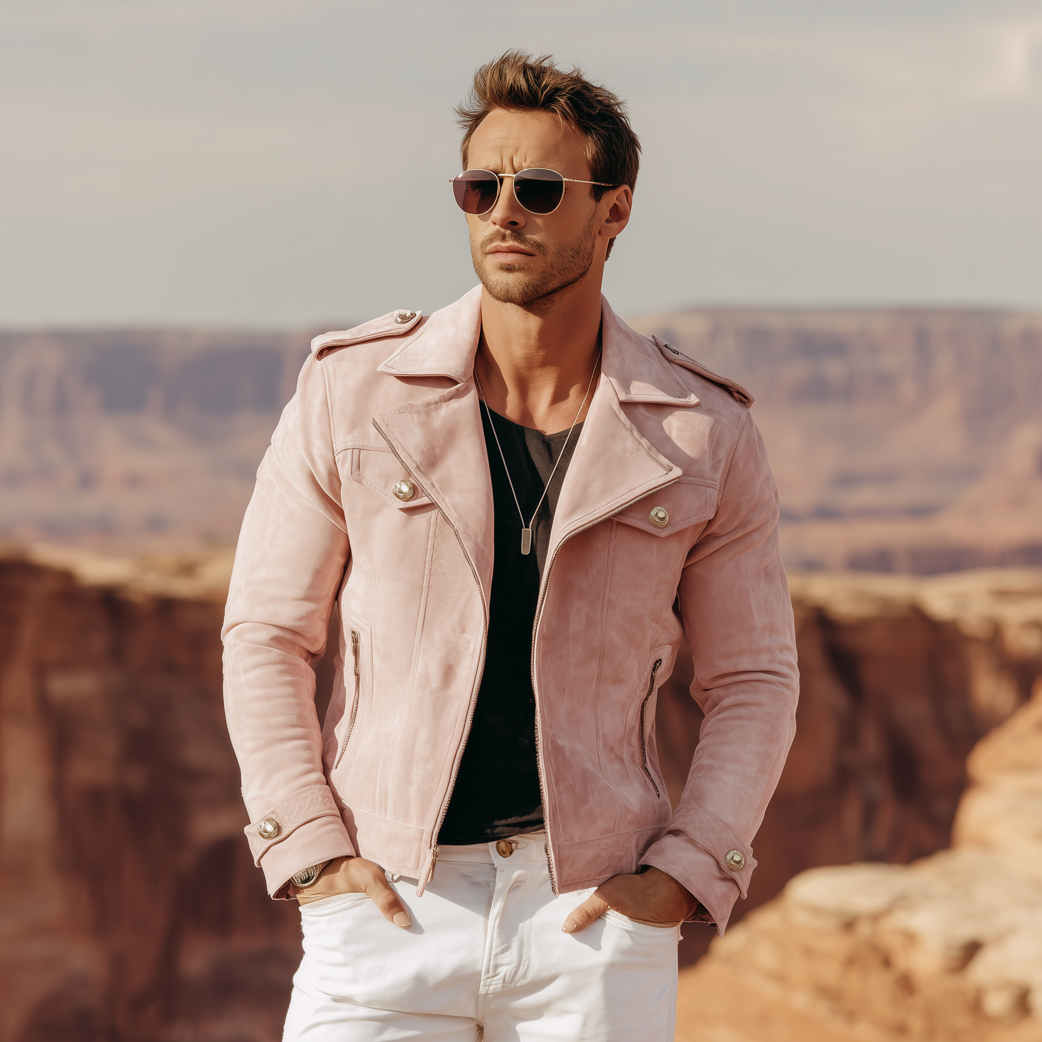Men's Classic American Retro Western Style Lapel Pink Suede Motorcycle Jacket MTA2118H3K