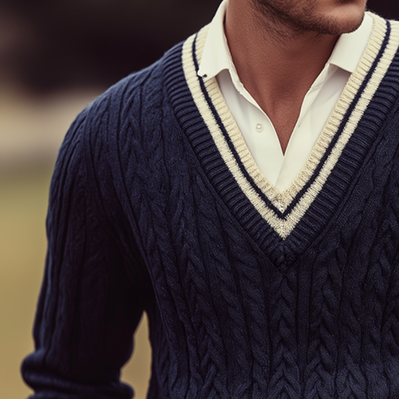 Men's Retro Casual Cable Knitted College Style V-Neck Sweater MTA1898I6TO