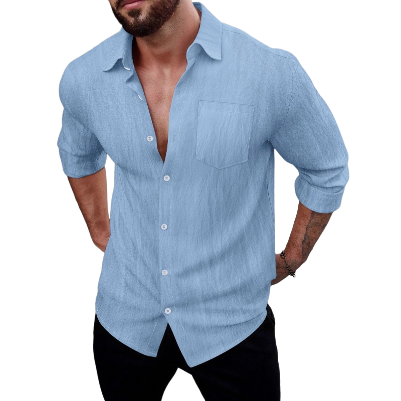 Men's Cotton Blended Solid Color Casual Long Sleeve Shirt MTA1974G7X