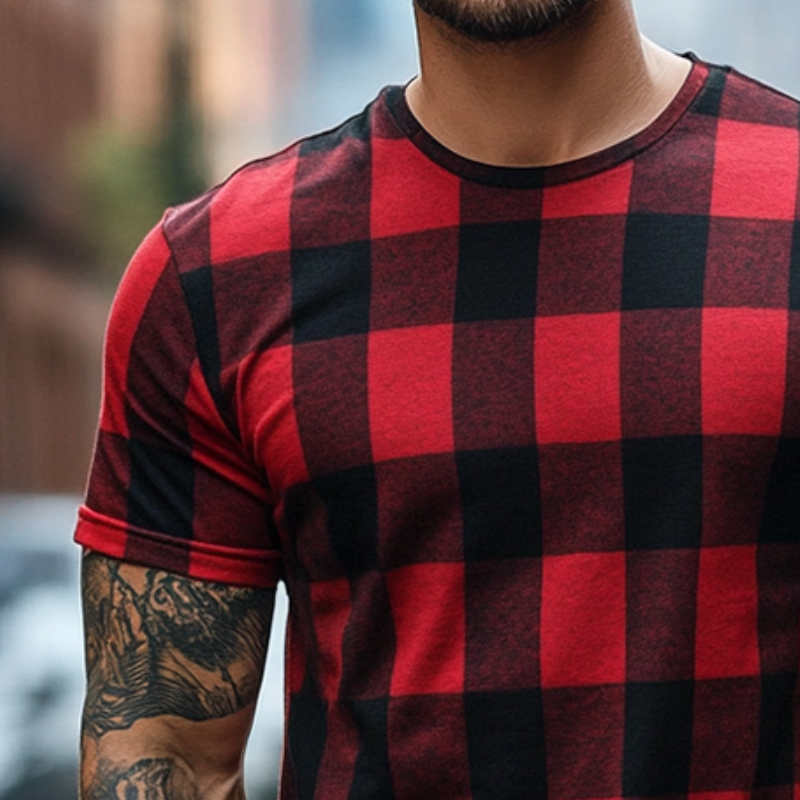 Men's Retro Casual Plaid Printed Round Neck Short Sleeve T-Shirt 85804146TO