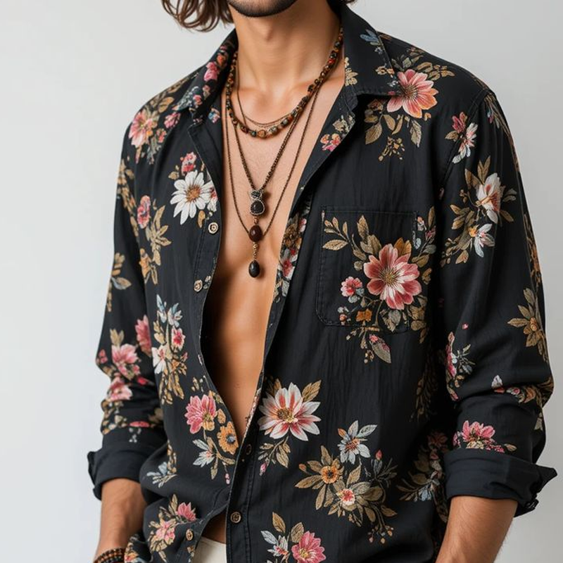 Men's Floral Lapel Chest Pocket Long Sleeve Shirt MTA2283G9Z