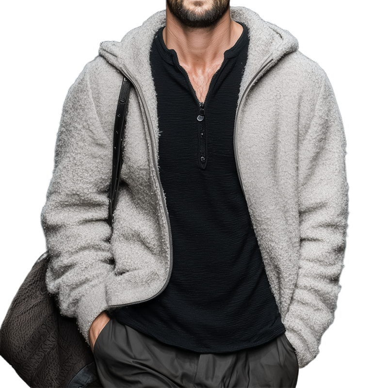 Men's Casual Light Grey Polar Fleece Zip-Up Hooded Jacket MTA2229J6U