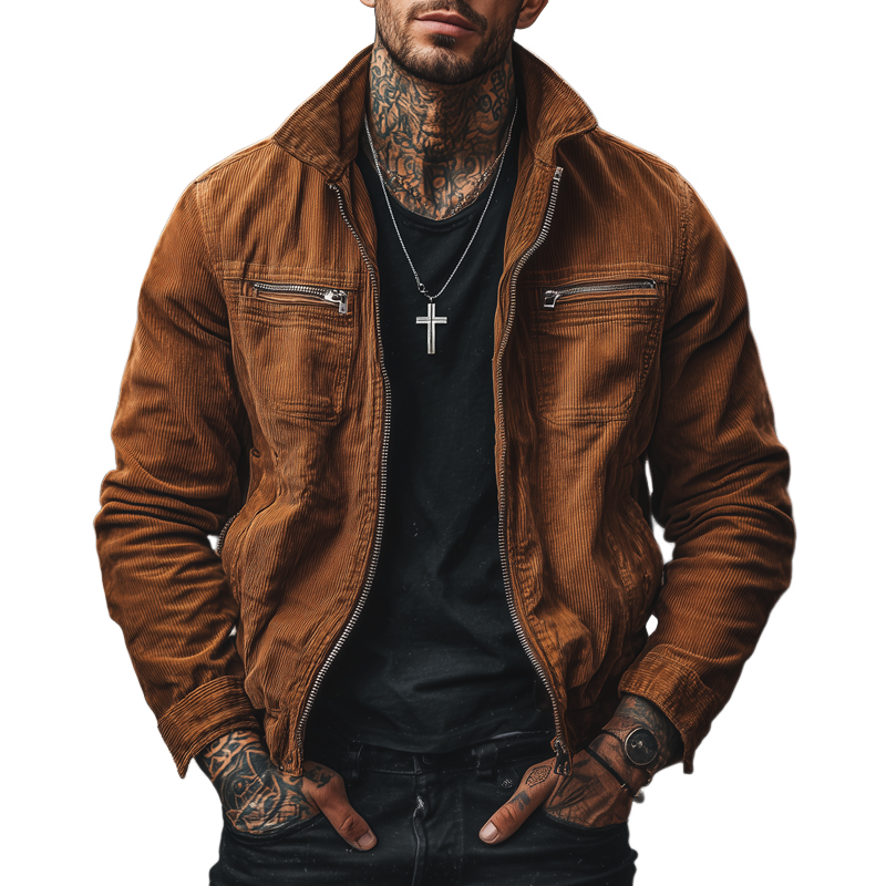 Men's Corduroy Lapel Zipper Chest Pocket Bike Jacket MTA0154H6Z