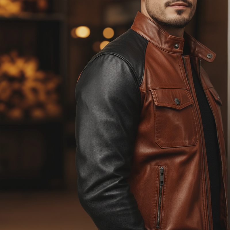 Men's Winter Retro Contrast Color Stitching PU Faux Leather Jacket MTA2342J8P