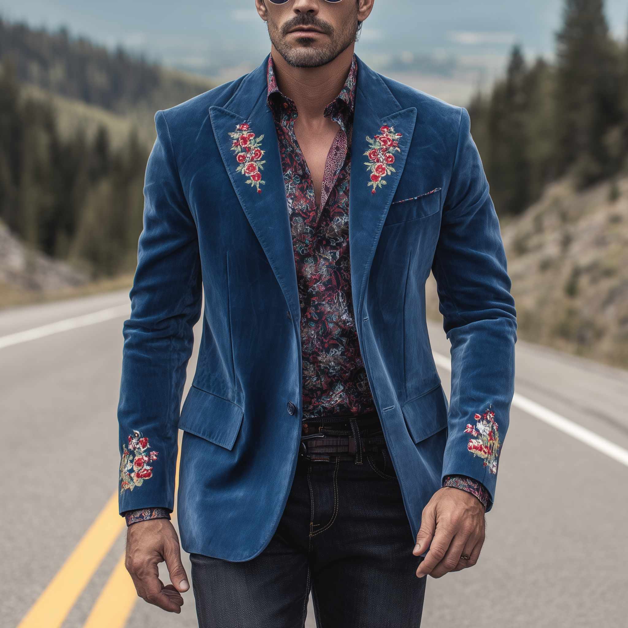 Men's Classic American Retro Western Style Embroidered Suede Single-breasted Blazer MTA1920H5K