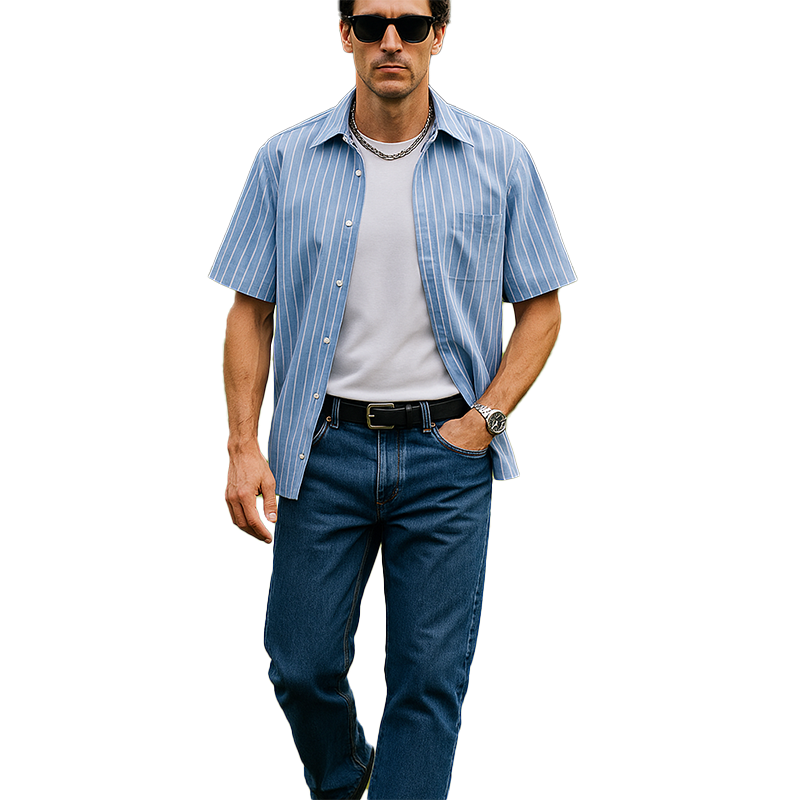 Men's Summer Fashion Striped Cotton And Linen Short Sleeve Shirt MTA0577G6P