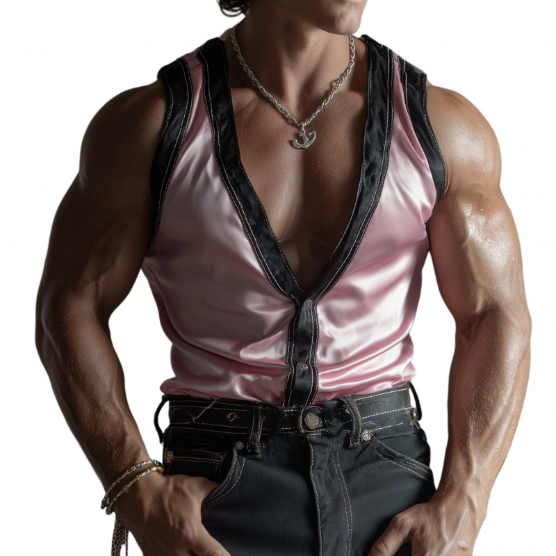 Men's Elegant Colorblock Satin Deep V-Neck Single-Breasted Slim Fit Tank Top MTA1434G7M