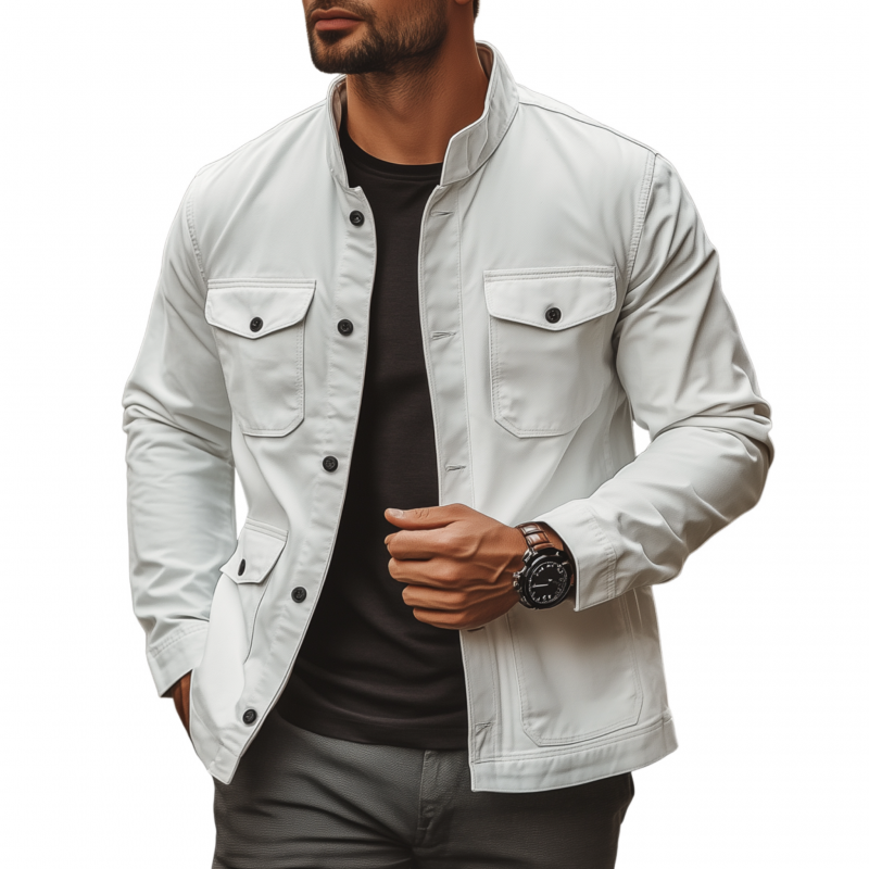 Men's Casual Outdoor Solid Color Breathable Cotton Stand Collar Single Breasted Multi-Pocket Workwear Jacket MTA2545G2M
