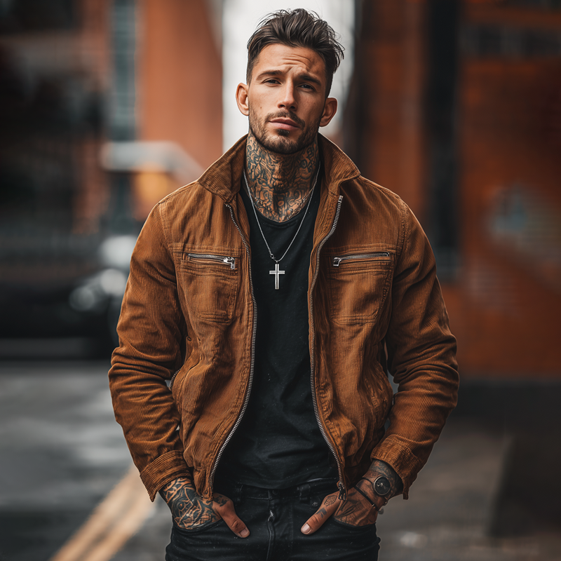 Men's Corduroy Lapel Zipper Chest Pocket Bike Jacket MTA0154H6Z