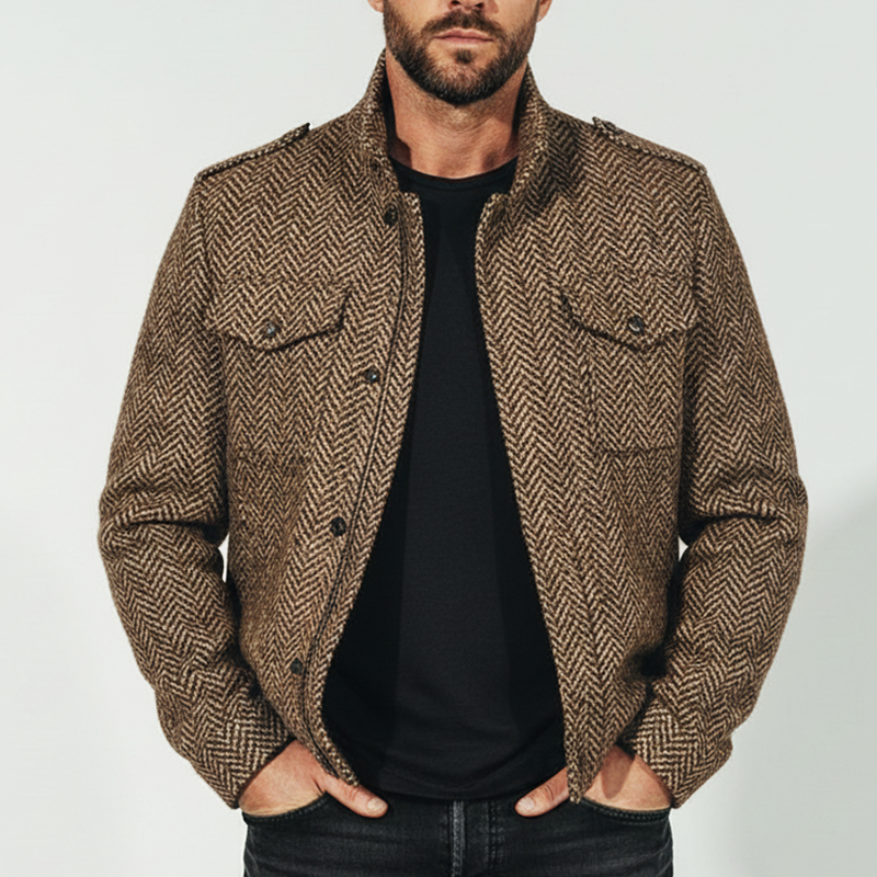Men's Classic Stand-up Collar Herringbone Faux Wool Zip-up Snap-button Jacket MTA1893K4U