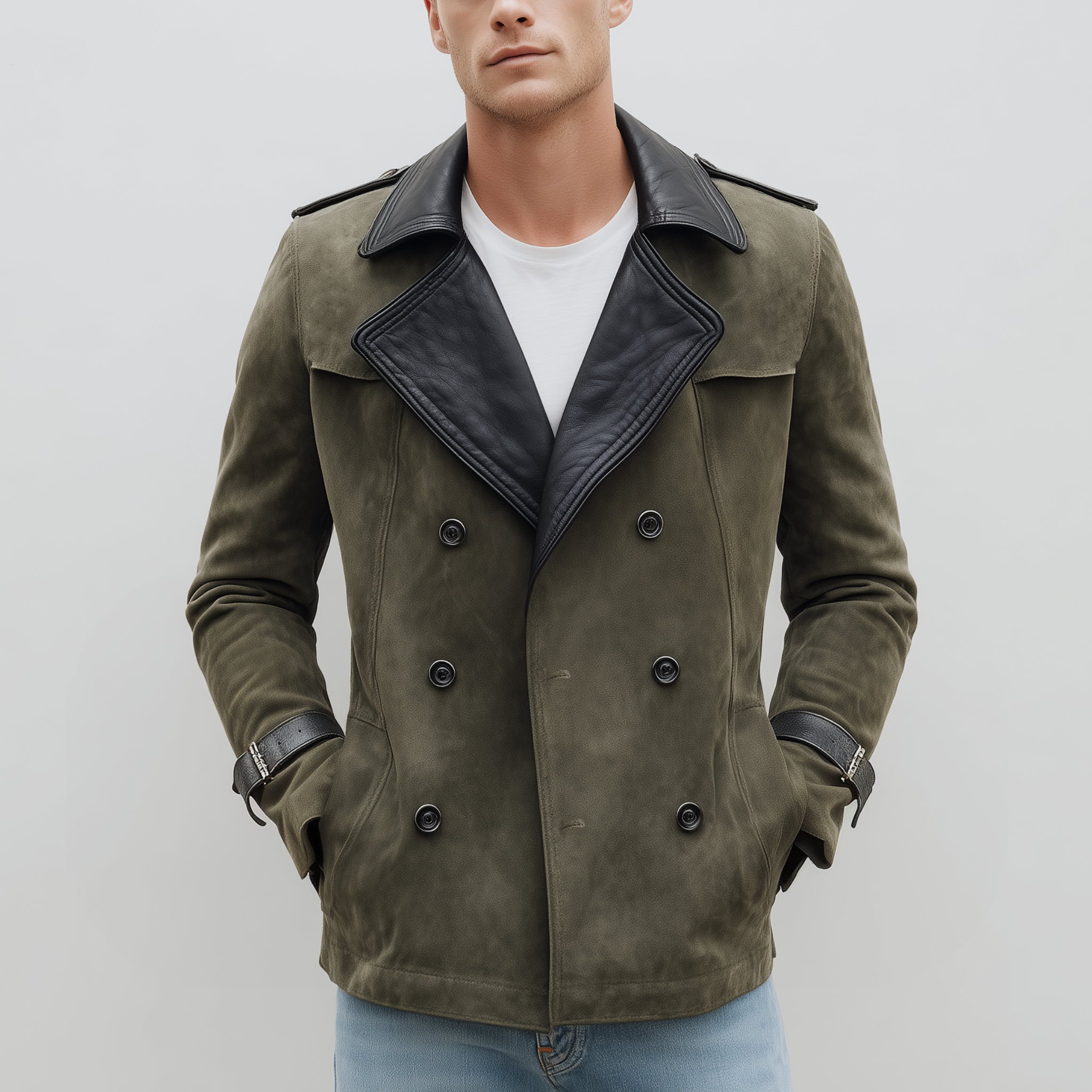 Men's Classic Casual Lapel PU Leather Double-breasted Suede Jacket MTA0279I9K