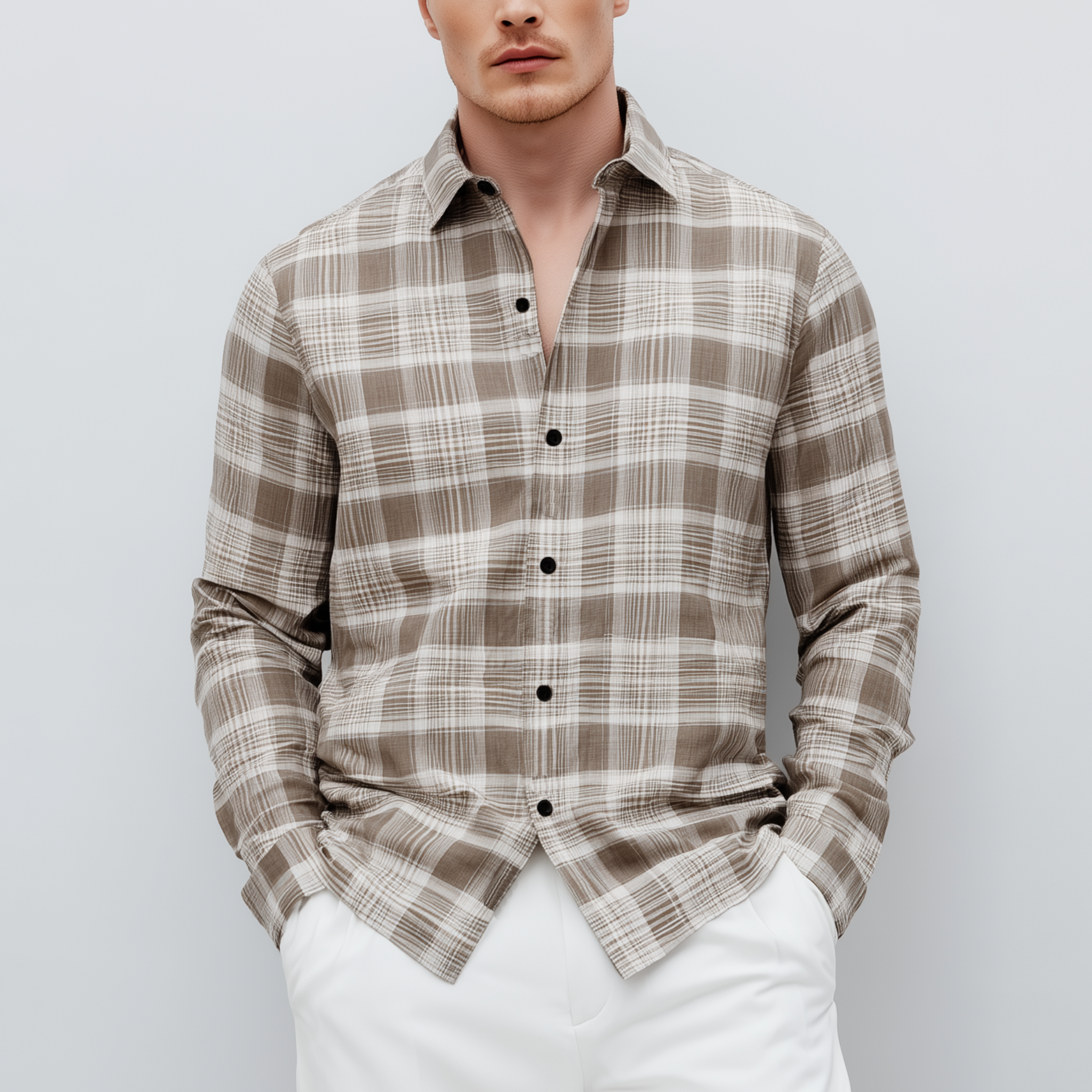 Men's Classic Casual Check Cotton Blend Lapel Long Sleeve Shirt MTA2905G8K