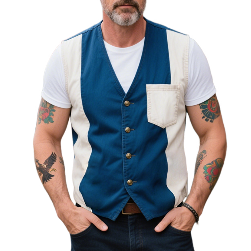 Men's Retro Casual American Style Street Cotton Colorblock Pocket Vest MTA1423E6TO