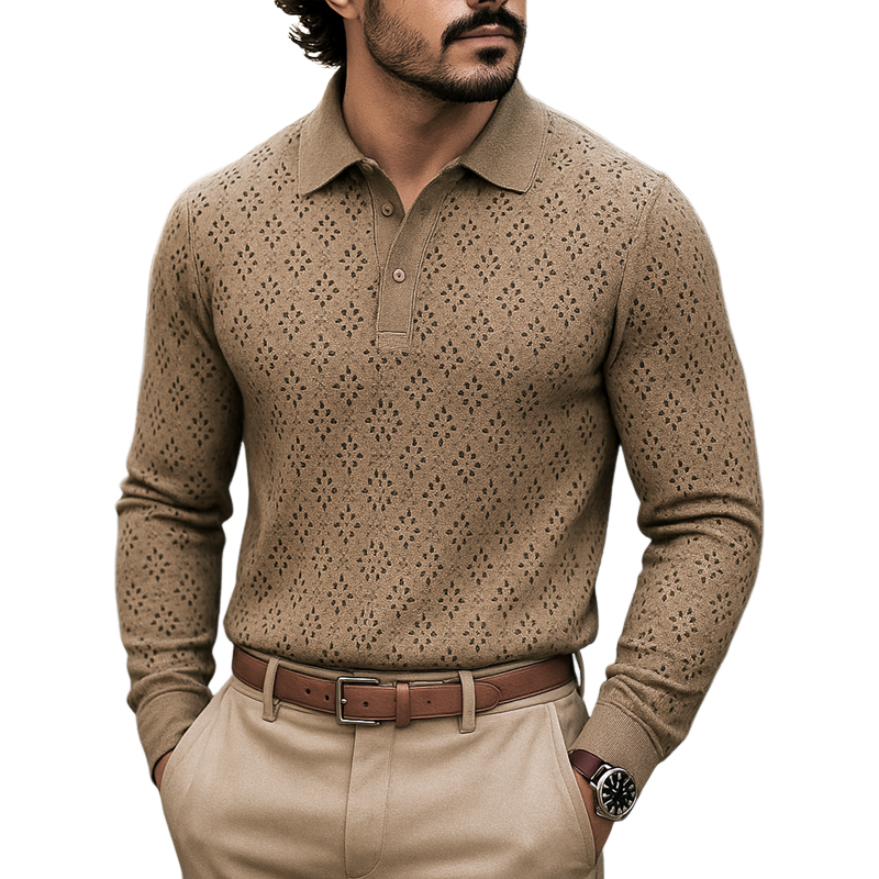 Men's Openwork Knit Lapel Long Sleeve Polo Shirt MTA1407H4Z