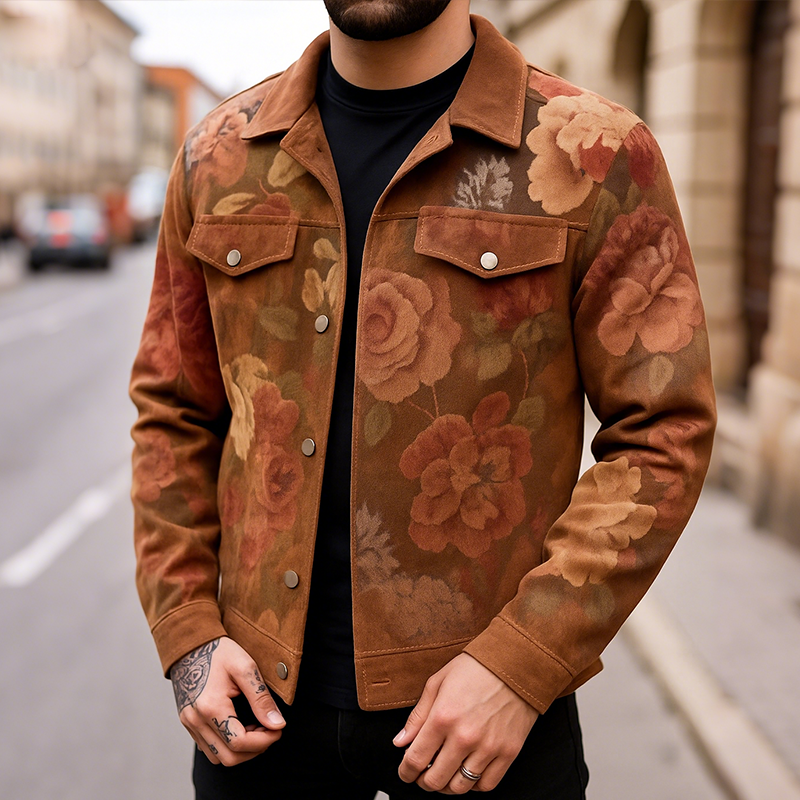 Men's Vintage Casual Floral Print Suede Lapel Jacket MTA0843H1TO
