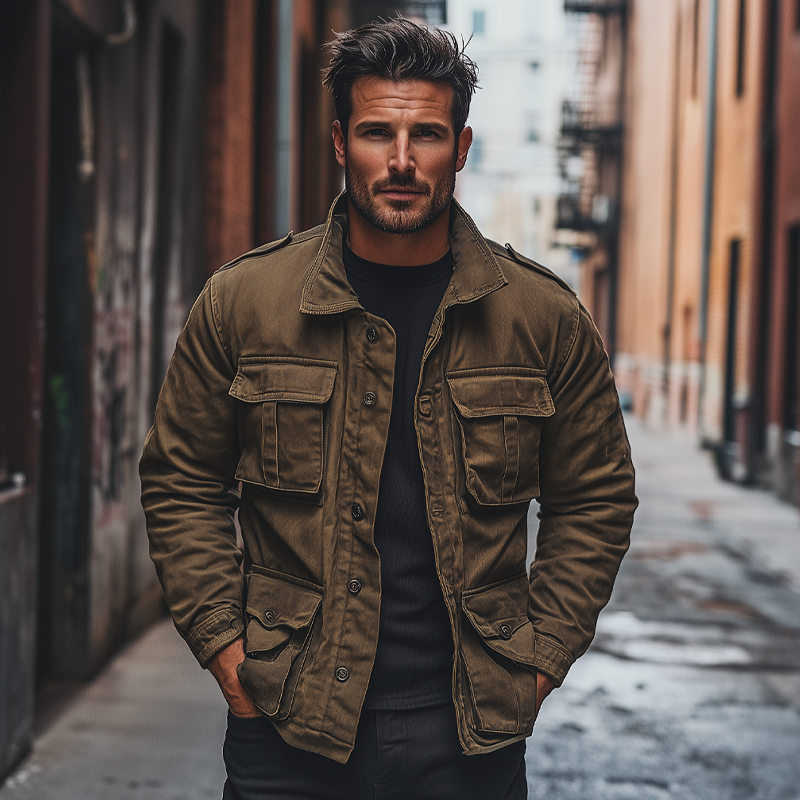 Men's Vintage Washed Canvas Multi-Pocket Loose Jacket MTA1982H2X
