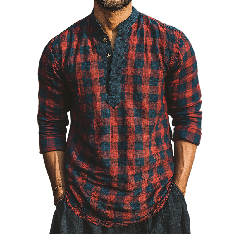 Men's Retro Casual Plaid Print Henley Collar Long Sleeve Shirt MTA2822G3TO