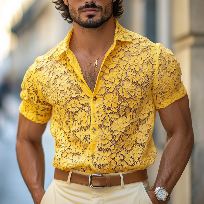 Men's Fashion Lace Lapel Short Sleeve Casual Shirt MTA1234E6Z