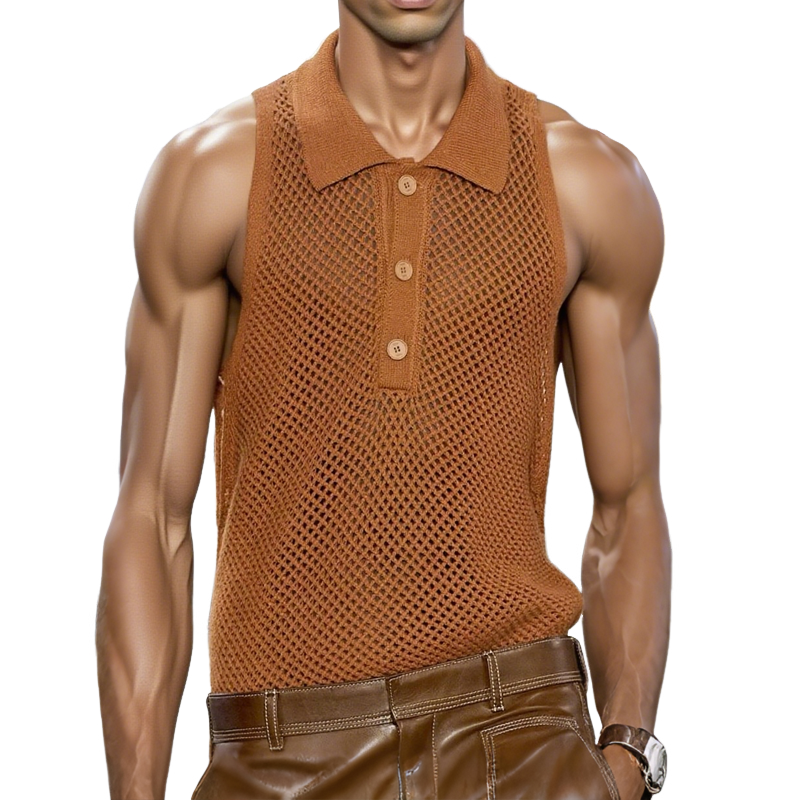 Men's Solid Hollow Out Knit Lapel Sleeveless Tank Top MTA2592G8Z